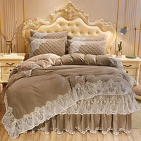 HKM-798739 Crystal Velvet Quilted Bed Skirt Set with Lace Embroidery - Four-Piece – Available in Multiple Colors