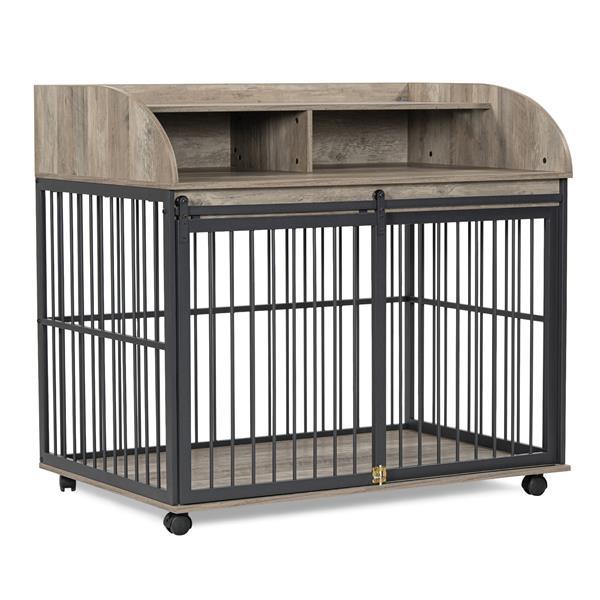 HKM-798739 Elegant Furniture-Style Large Dog Crate with Sliding Door and Ample Storage, Suitable for Medium Dogs up to 90 LBS