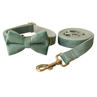 HKM-798931 Mint Green Velvet Dog Collar and Leash Set with Bow Tie and Dog Ring