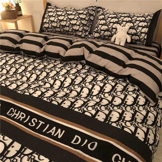 HKM-799059 Checkered Polyester Fiber Bedding Set, Includes Duvet Cover and Sheet, Four-Piece Collection