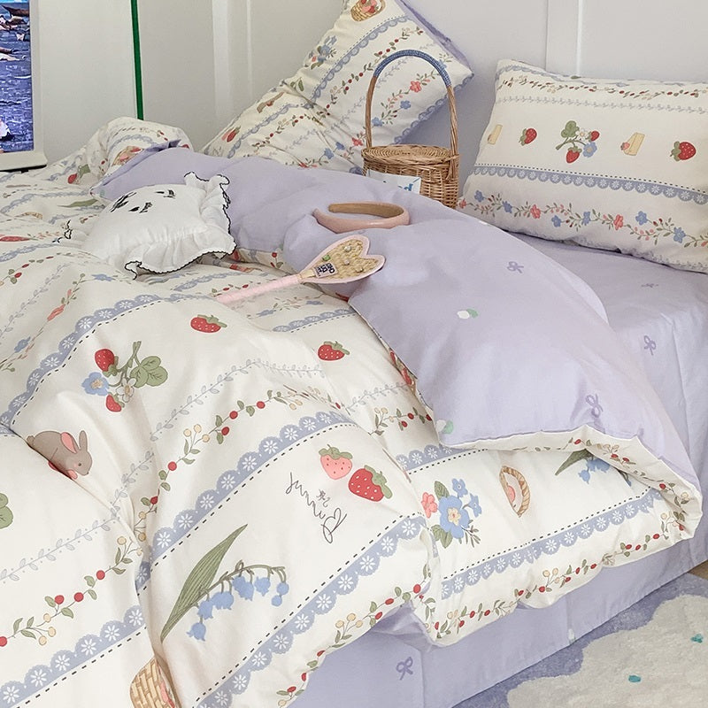 HKM-799059 Pure Cotton Four-Piece Bedding Set with Floral and Plant Patterns for Dorm Room Use