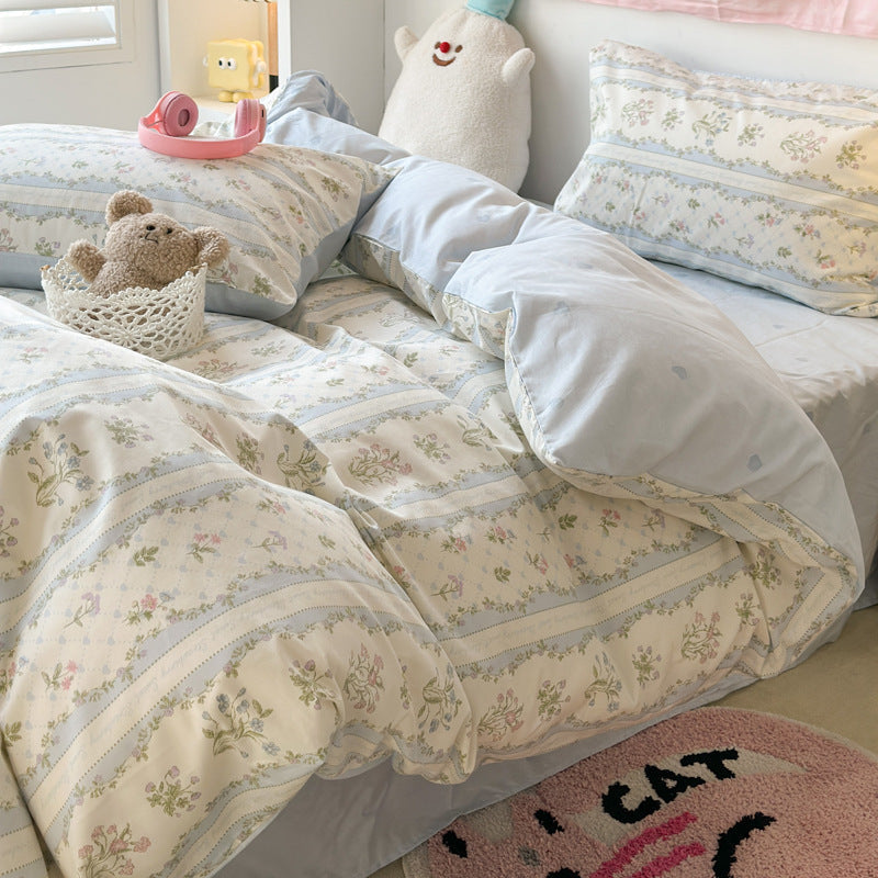 HKM-799059 Pure Cotton Four-Piece Bedding Set with Floral and Plant Patterns for Dorm Room Use