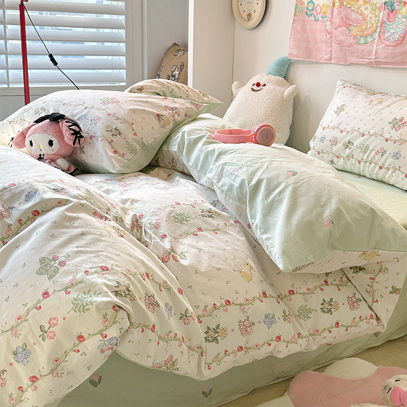 HKM-799059 Pure Cotton Four-Piece Bedding Set with Floral and Plant Patterns for Dorm Room Use