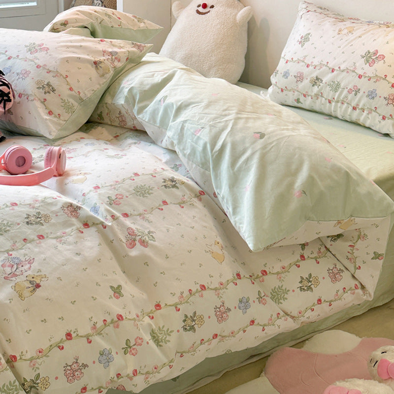 HKM-799059 Pure Cotton Four-Piece Bedding Set with Floral and Plant Patterns for Dorm Room Use