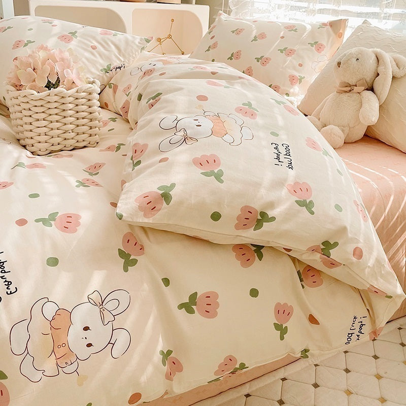HKM-799059 Pure Cotton Four-Piece Bedding Set with Floral and Plant Patterns for Dorm Room Use