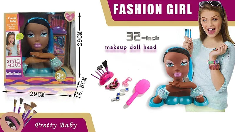32 Inch Black Head Doll with Makeup Accessories for Pretend Play - Ideal for Kids Ages 2 to 13