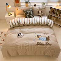 HKM-799891 Cotton Embroidered Four-Piece Bedding Set with Fitted Sheet and Pillowcases in Various Sizes