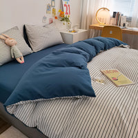 HKM-800211 Washed Cotton Japanese Plaid Bedding Set - Four-Piece in Various Colors and Sizes