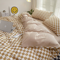 HKM-800211 Washed Cotton Japanese Plaid Bedding Set - Four-Piece in Various Colors and Sizes