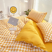 HKM-800211 Washed Cotton Japanese Plaid Bedding Set - Four-Piece in Various Colors and Sizes