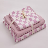 HKM-800211 Washed Cotton Japanese Plaid Bedding Set - Four-Piece in Various Colors and Sizes