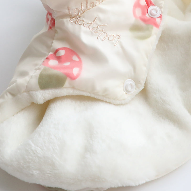 HKM-800723 Cute Embroidered Teddy Bichon Pet Outfit in Mushroom and Love Colors, Double-Layer Fabric for Warmth
