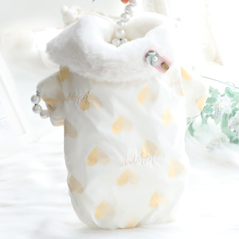 HKM-800723 Cute Embroidered Teddy Bichon Pet Outfit in Mushroom and Love Colors, Double-Layer Fabric for Warmth