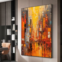 HKM-800979 Hand-Painted Abstract Acrylic Canvas Painting - Modern Cityscape Wall Art for Living Room and Bedroom Decor