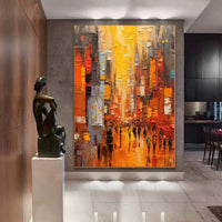 HKM-800979 Hand-Painted Abstract Acrylic Canvas Painting - Modern Cityscape Wall Art for Living Room and Bedroom Decor