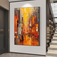 HKM-800979 Hand-Painted Abstract Acrylic Canvas Painting - Modern Cityscape Wall Art for Living Room and Bedroom Decor