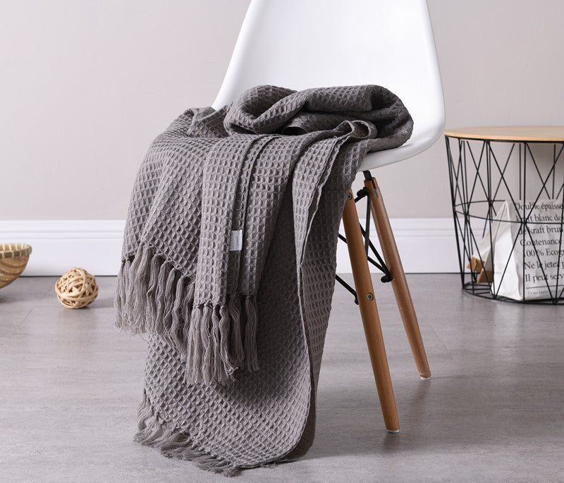 HKM-801363 Cozy Acrylic Plain Knitted Wool Blanket with Tassels - 130cm x 160cm