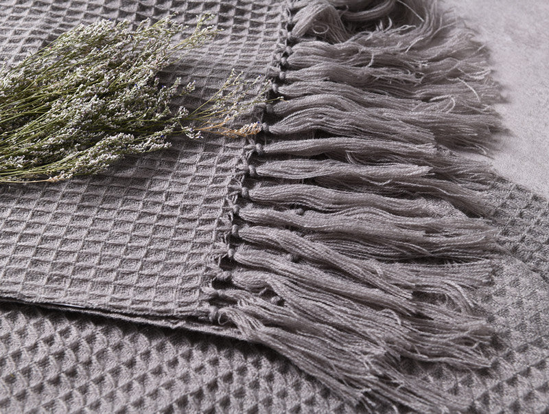 HKM-801363 Cozy Acrylic Plain Knitted Wool Blanket with Tassels - 130cm x 160cm