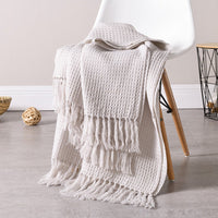HKM-801363 Cozy Acrylic Plain Knitted Wool Blanket with Tassels - 130cm x 160cm