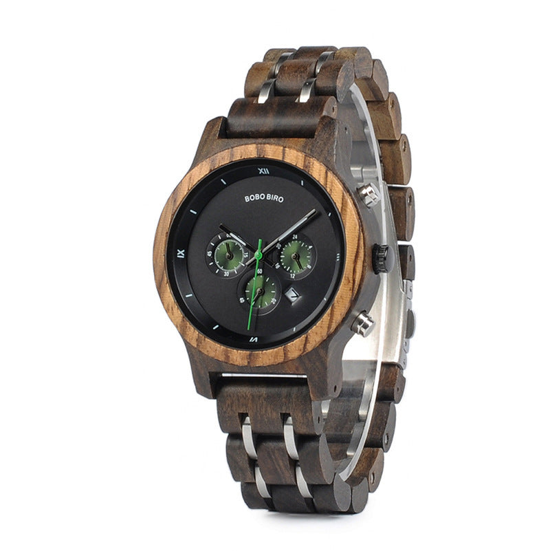 HKM-801555 Men's Casual Wooden Quartz Watch with Round Dial and Butterfly Clasp