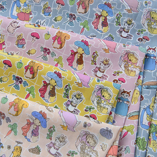 HKM-801875 Cotton Fabric with Summer Rabbit Illustration in Smoke Blue and Light Yellow for Clothing