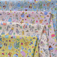 HKM-801875 Cotton Fabric with Summer Rabbit Illustration in Smoke Blue and Light Yellow for Clothing