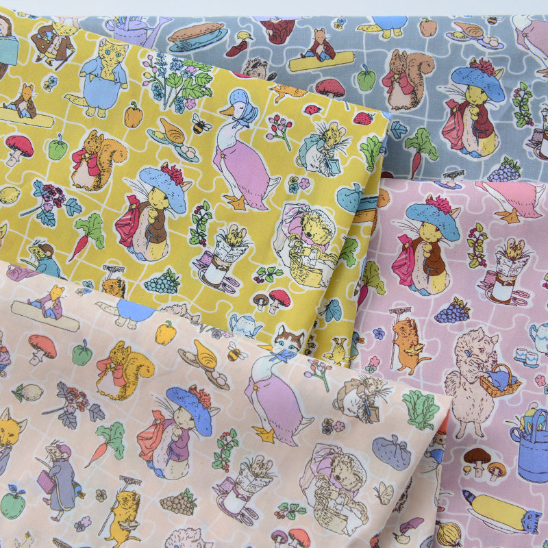 HKM-801875 Cotton Fabric with Summer Rabbit Illustration in Smoke Blue and Light Yellow for Clothing