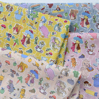 HKM-801875 Cotton Fabric with Summer Rabbit Illustration in Smoke Blue and Light Yellow for Clothing