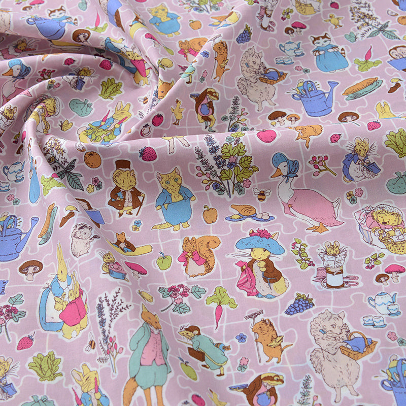 HKM-801875 Cotton Fabric with Summer Rabbit Illustration in Smoke Blue and Light Yellow for Clothing