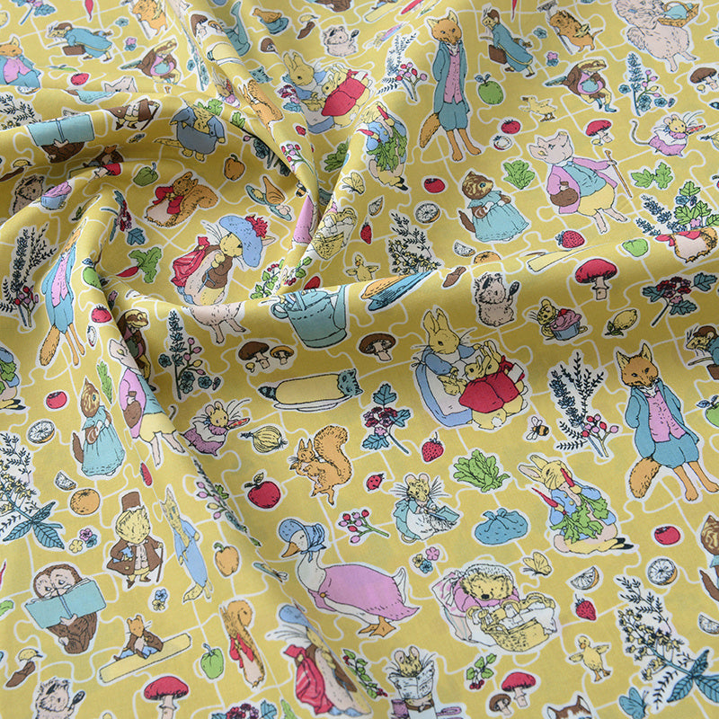 HKM-801875 Cotton Fabric with Summer Rabbit Illustration in Smoke Blue and Light Yellow for Clothing