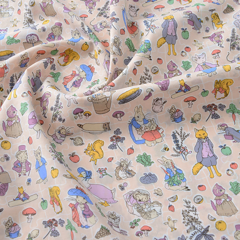 HKM-801875 Cotton Fabric with Summer Rabbit Illustration in Smoke Blue and Light Yellow for Clothing