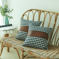 HKM-802259 Plaid Leather Splicing Cushion Cover - Comfortable 45x45cm Decorative Pillow Cover