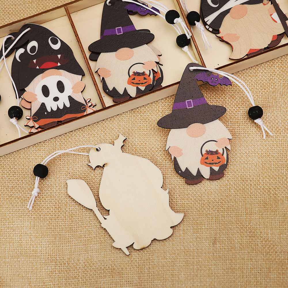 HKM-802323 Wooden Halloween Cartoon Doll Pendants Set - 9 Unique Decorative Pieces