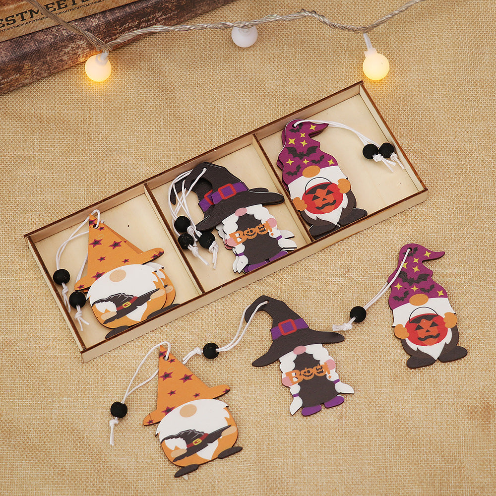 HKM-802323 Wooden Halloween Cartoon Doll Pendants Set - 9 Unique Decorative Pieces