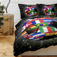 HKM-802515 3D Soccer Ball Microfiber Duvet Cover Set with World Flags Print for Teen Boys