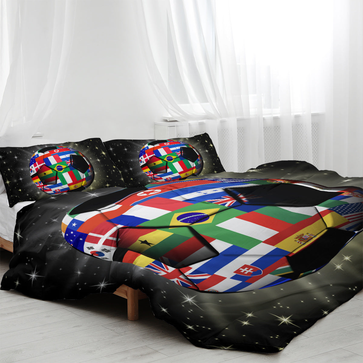 HKM-802515 3D Soccer Ball Microfiber Duvet Cover Set with World Flags Print for Teen Boys