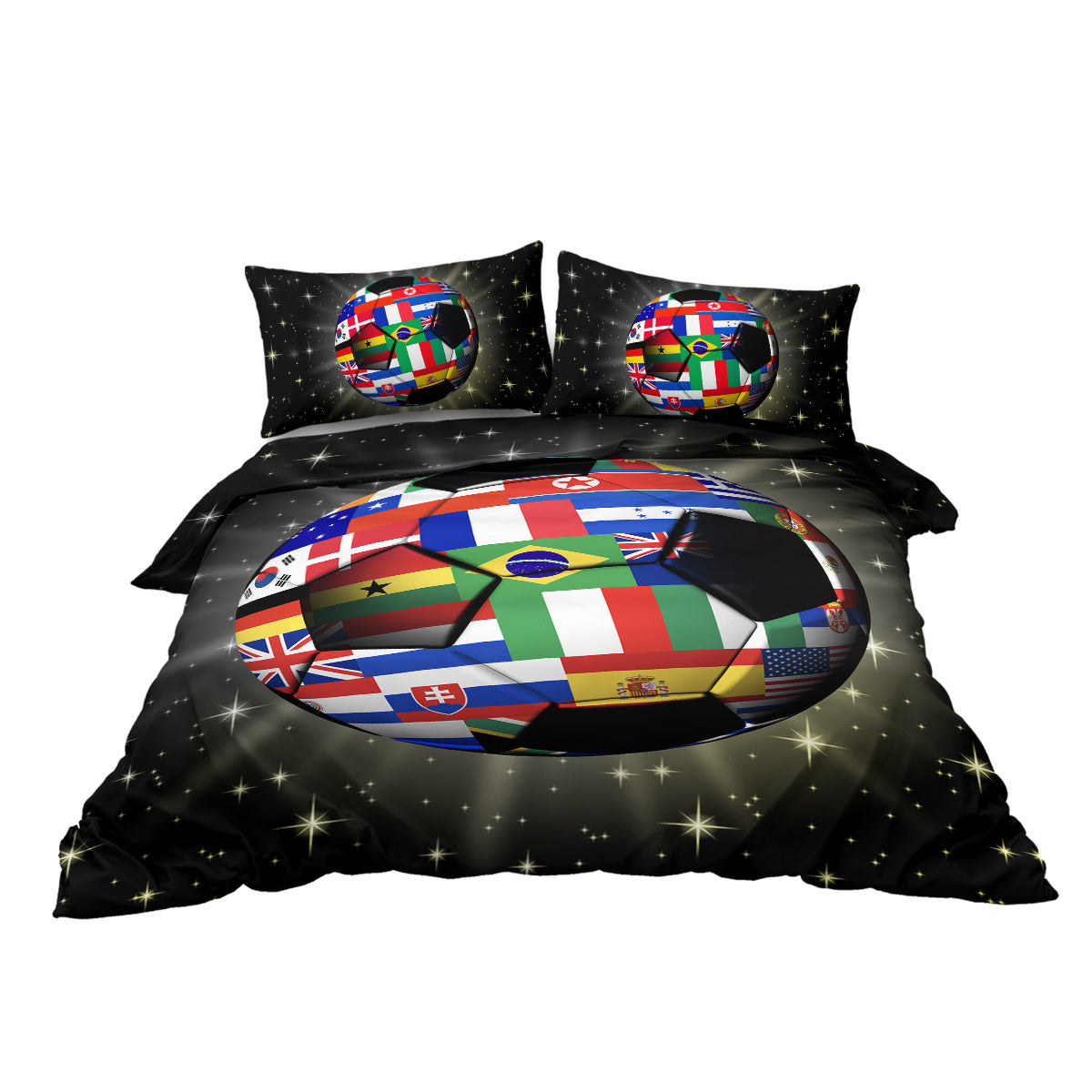 HKM-802515 3D Soccer Ball Microfiber Duvet Cover Set with World Flags Print for Teen Boys
