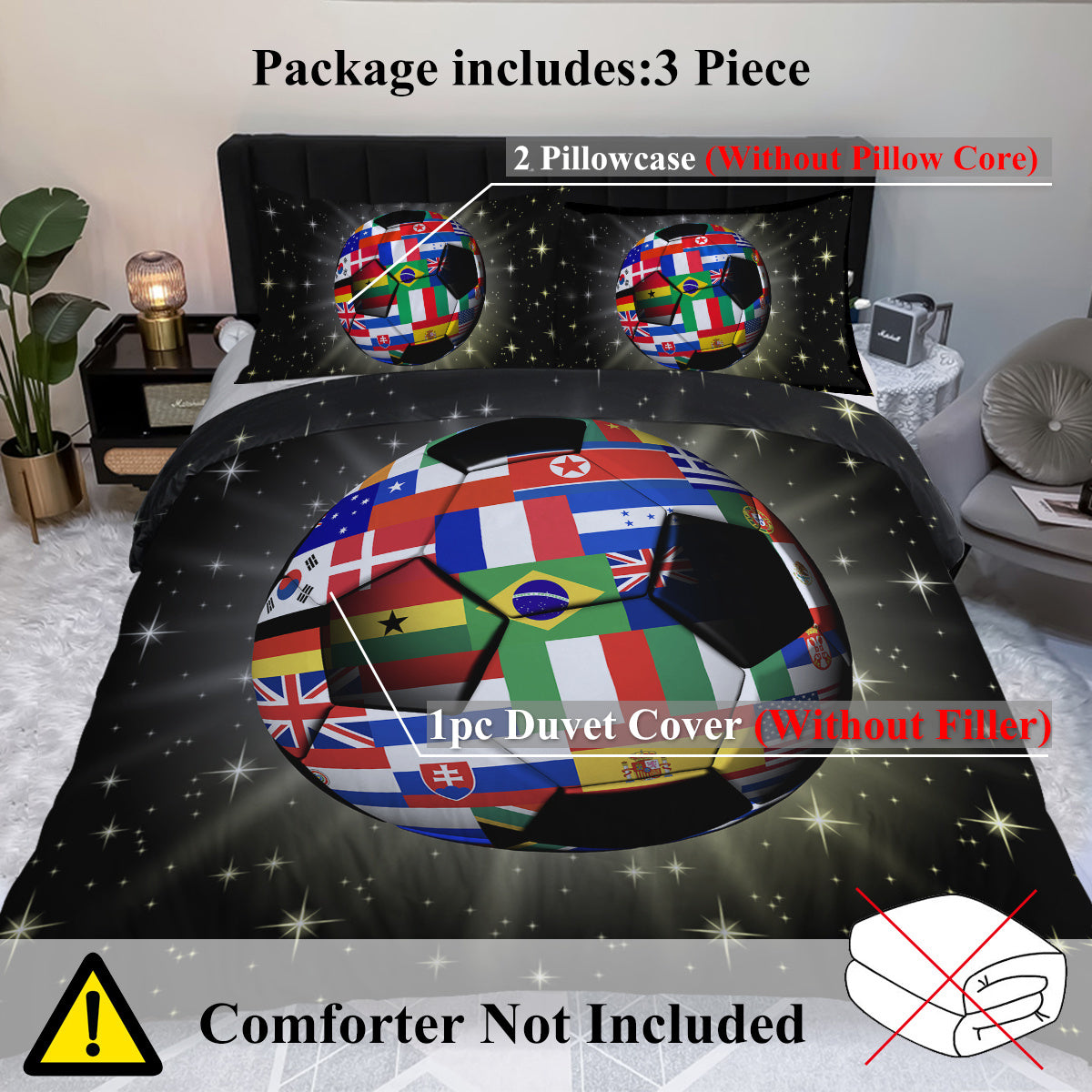 HKM-802515 3D Soccer Ball Microfiber Duvet Cover Set with World Flags Print for Teen Boys