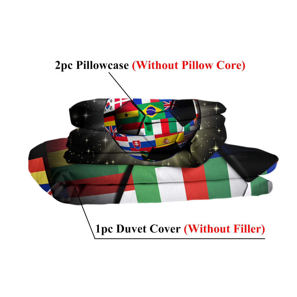 HKM-802515 3D Soccer Ball Microfiber Duvet Cover Set with World Flags Print for Teen Boys