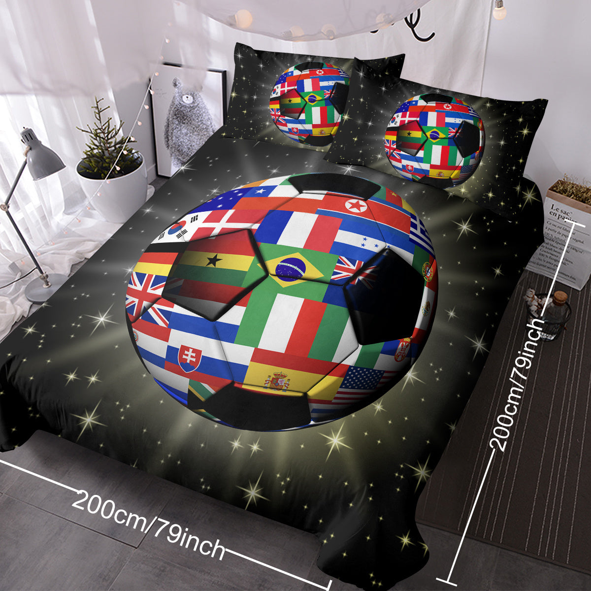 HKM-802515 3D Soccer Ball Microfiber Duvet Cover Set with World Flags Print for Teen Boys
