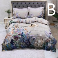HKM-803347 Cotton Satin Digital Printed Four-Piece Bedding Set with Peacock and Floral Patterns