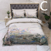 HKM-803347 Cotton Satin Digital Printed Four-Piece Bedding Set with Peacock and Floral Patterns