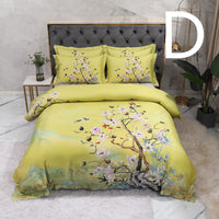 HKM-803347 Cotton Satin Digital Printed Four-Piece Bedding Set with Peacock and Floral Patterns
