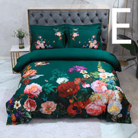 HKM-803347 Cotton Satin Digital Printed Four-Piece Bedding Set with Peacock and Floral Patterns