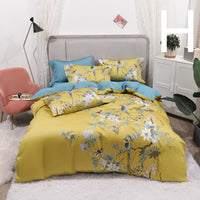 HKM-803347 Cotton Satin Digital Printed Four-Piece Bedding Set with Peacock and Floral Patterns