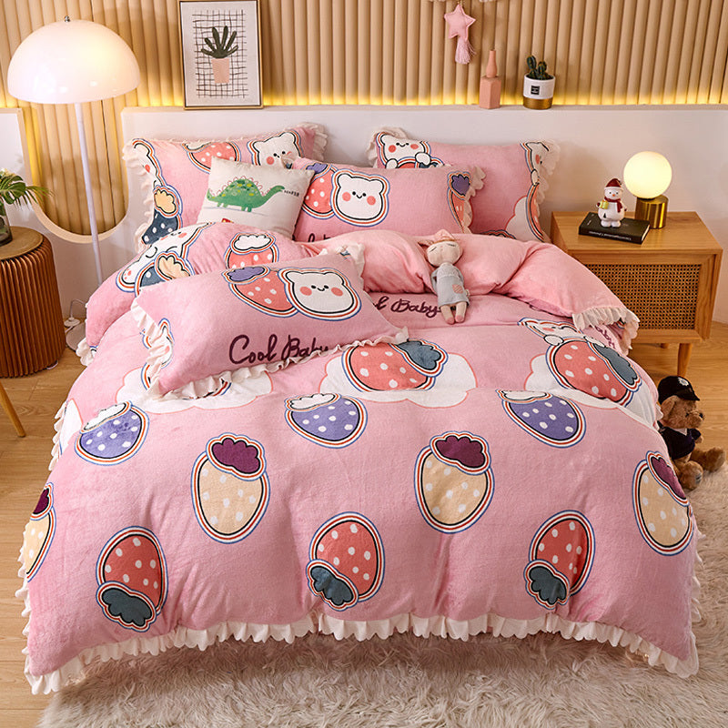 HKM-804179 Milk Velvet Coral Fleece Reversible Quilt Cover Set with Pillowcase