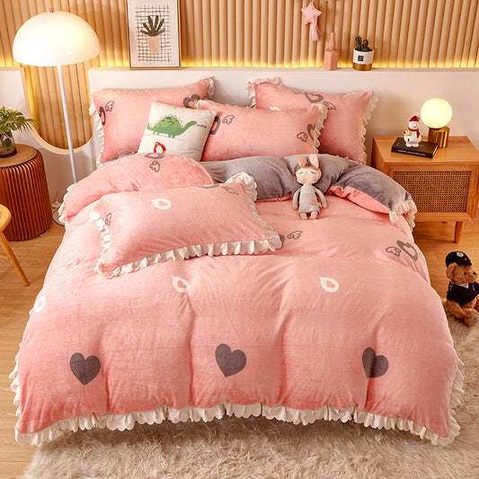 HKM-804179 Milk Velvet Coral Fleece Reversible Quilt Cover Set with Pillowcase