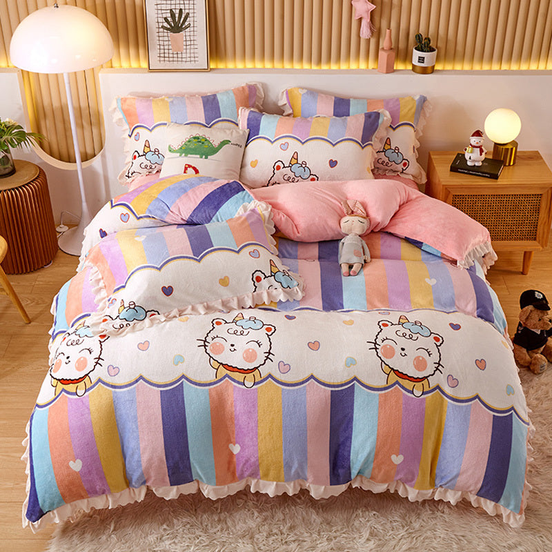 HKM-804179 Milk Velvet Coral Fleece Reversible Quilt Cover Set with Pillowcase