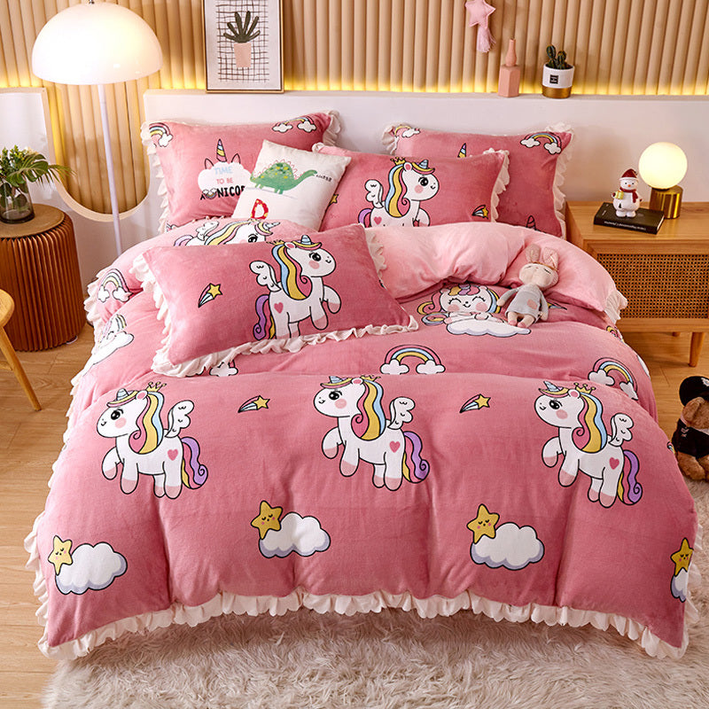 HKM-804179 Milk Velvet Coral Fleece Reversible Quilt Cover Set with Pillowcase