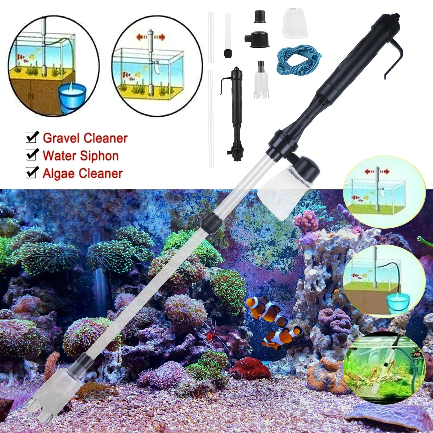 HKM-805011 Battery-Operated Aquarium Vacuum Cleaner for Easy Gravel and Water Maintenance